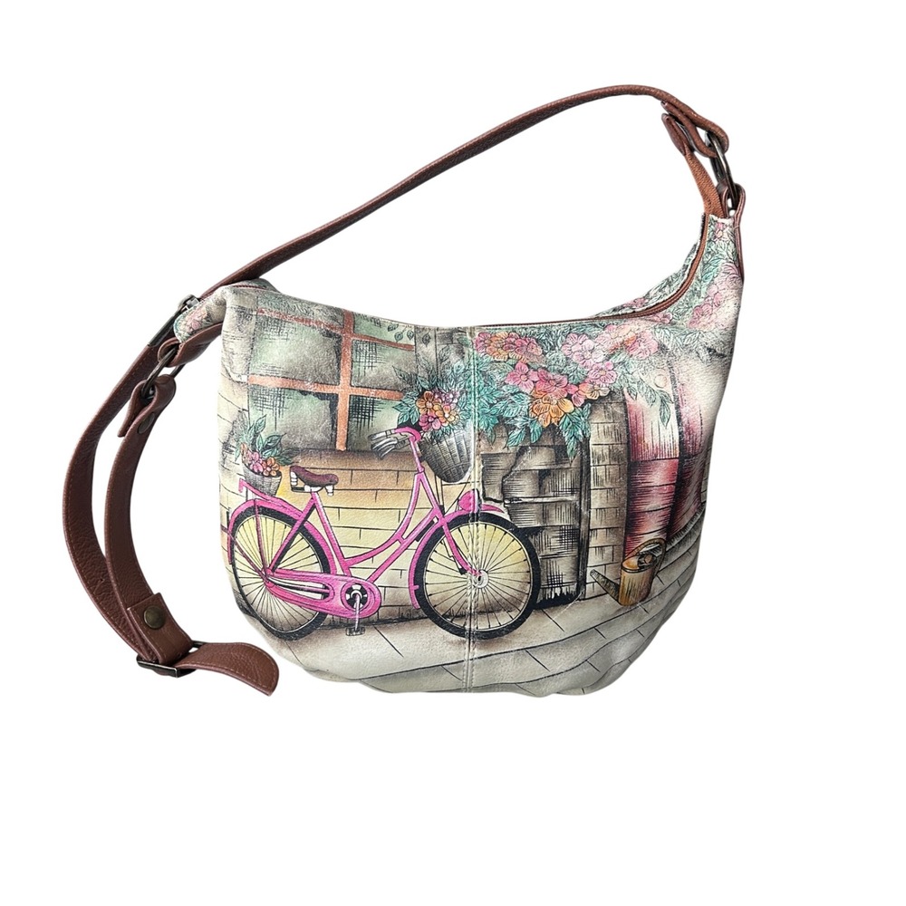 Anuschka Hand Painted Leather Hobo Shoulder Bag Pink "Vintage Bicycle" Floral